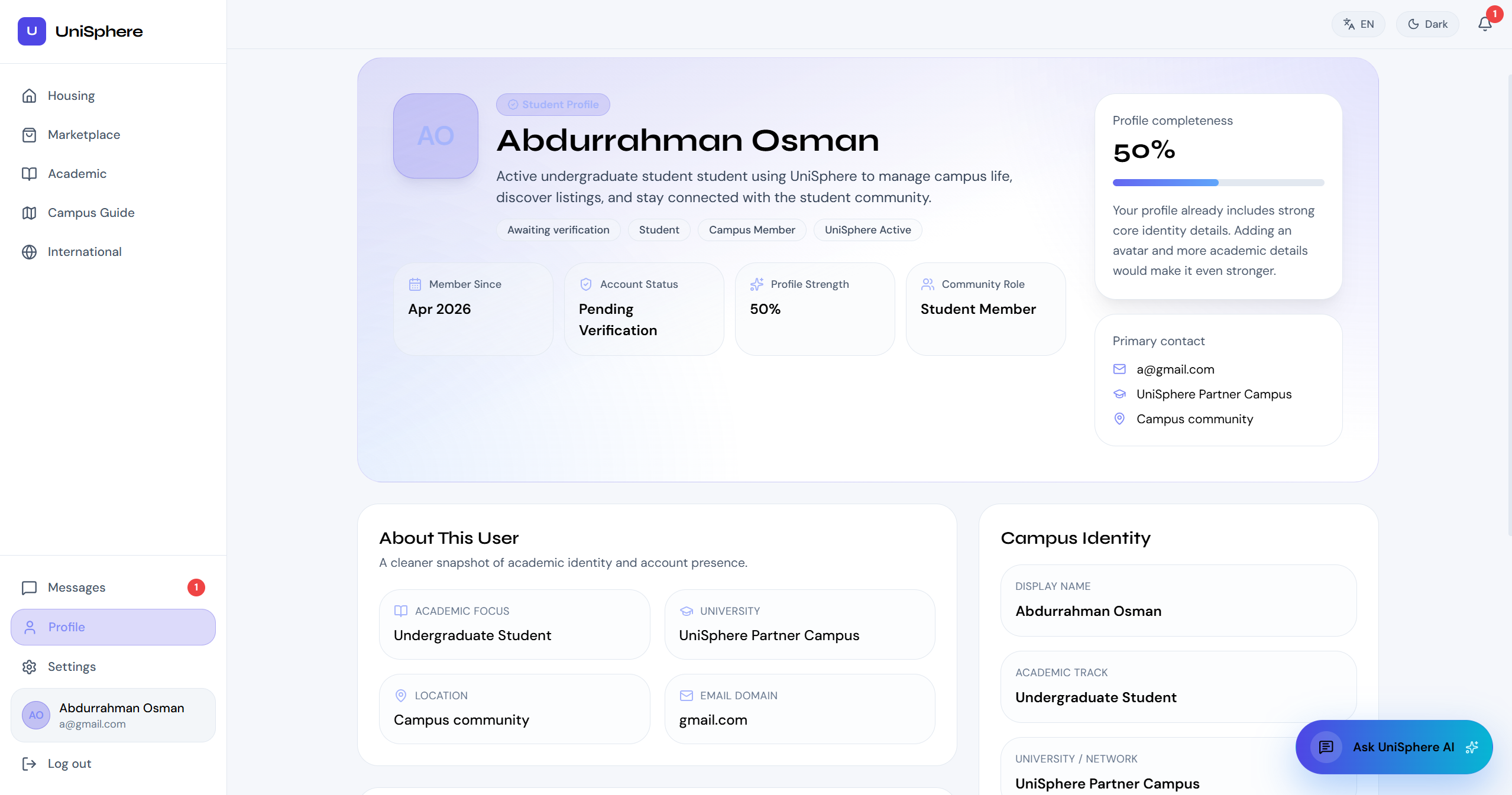 UniSphere student profile screen